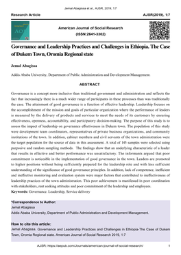Governance and Leadership Practices and Challenges in Ethiopia. the Case of Dukem Town, Oromia Regional State