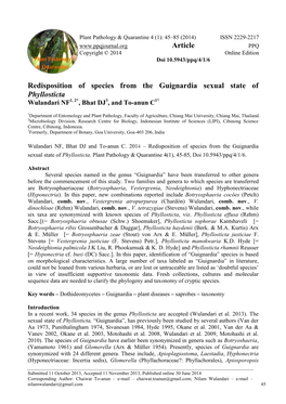 Redisposition of Species from the Guignardia Sexual State of Phyllosticta Wulandari NF1, 2*, Bhat DJ3, and To-Anun C1*