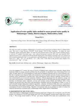 Application of Water Quality Index Method to Assess Ground Water Quality in Muktainagar Taluka, District-Jalgaon, Maharashtra, India