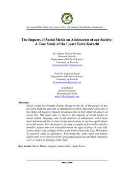 The Impacts of Social Media on Adolescents of Our Society: a Case Study of the Liyari Town Karachi