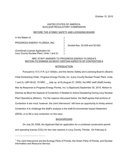 2010/10/12-NRC Staff Answer to Progress Energy Florida's Motion