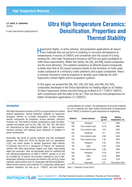 Ultra High Temperature Ceramics: E-Mail: Jean-Francois.Justin@Onera.Fr Densification, Properties and Thermal Stability