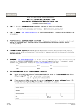 ARTICLES of INCORPORATION FOR-PROFIT Or PROFESSIONAL CORPORATION Read the Instructions C010i