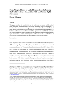 From Marginal Cases to Linked Oppressions: Reframing the Conflict Between the Autistic Pride and Animal Rights Movements