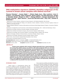 DNA Methylation Signature (SAM40) Identifies Subgroups of the Luminal a Breast Cancer Samples with Distinct Survival