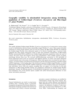 Geographic Variability in Mitochondrial Introgression Among Hybridizing Populations of Golden-Winged (Vermivora Chrysoptera) and Blue-Winged (V