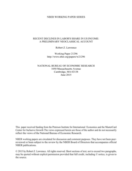 Recent Declines in Labor's Share in Us Income: a Preliminary Neoclassical Account