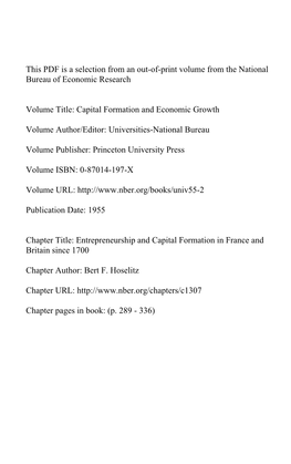 Entrepreneurship and Capital Formation in France and Britain Since 1700