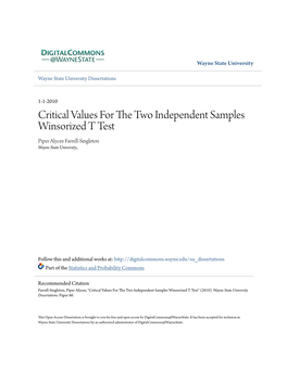 Critical Values for the Two Independent Samples Winsorized T Test