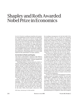 Shapley and Roth Awarded Nobel Prize in Economics