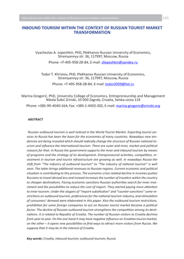 Inbound Tourism Within the Context of Russian Tourist Market Transformation 121