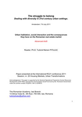 The Struggle to Belong Dealing with Diversity in 21St Century Urban Settings