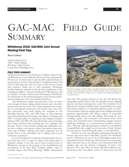 GAC-MAC FIELD GUIDE SUMMARY Whitehorse 2016: GAC-MAC Joint Annual Meeting Field Trips