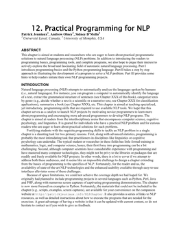 12. Practical Programming for NLP Patrick Jeuniaux1, Andrew Olney2, Sidney D'mello2 1 Université Laval, Canada, 2 University of Memphis, USA