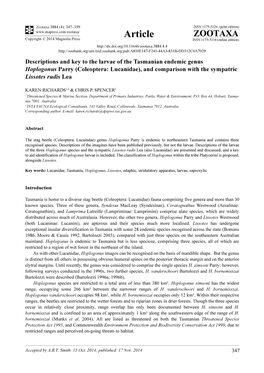 Coleoptera: Lucanidae), and Comparison with the Sympatric Lissotes Rudis Lea