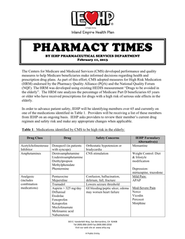 PHARMACY TIMES by IEHP PHARMACEUTICAL SERVICES DEPARTMENT February 11, 2013