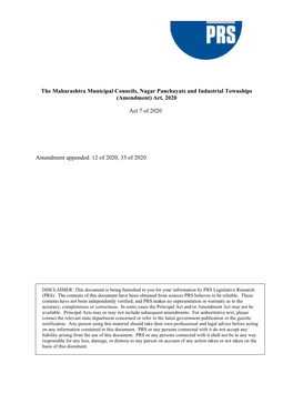 The Maharashtra Municipal Councils, Nagar Panchayats and Industrial Townships (Amendment) Act, 2020 Act 7 of 2020 Amendment Appe