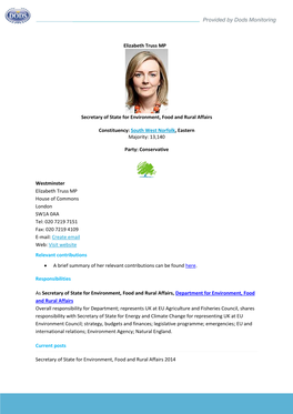 Elizabeth Truss MP Secretary of State for Environment