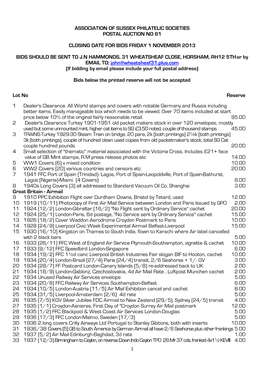 Association of Sussex Philatelic Societies Postal Auction No 81 Closing Date for Bids Friday 1 November 2013 Bids Should Be Sent