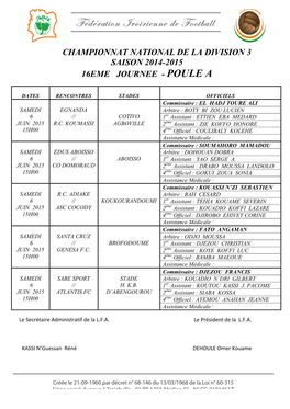 Championnat National De La Division 3 Saison 2014-2015 16Eme Journee - Poule A