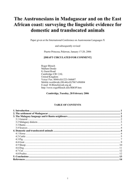 The Austronesians in Madagascar and on the East African Coast: Surveying the Linguistic Evidence for Domestic and Translocated Animals