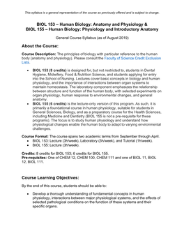 BIOL 153 – Human Biology: Anatomy and Physiology & BIOL