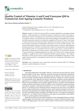 Quality Control of Vitamins a and E and Coenzyme Q10 in Commercial Anti-Ageing Cosmetic Products
