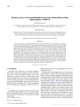 Moisture Sources of Torrential Rainfall Events in the Sichuan Basin of China During Summers of 2009–13