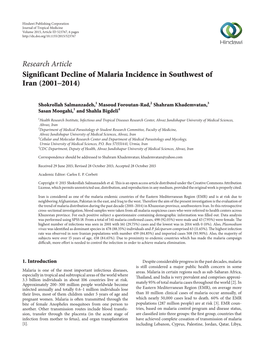 Significant Decline of Malaria Incidence in Southwest of Iran (2001–2014)