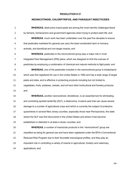 Neonicotinoid, Chrlorpyrifos, and Paraquat Insecticides