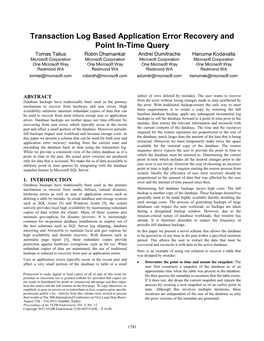 Transaction Log Based Application Error Recovery and Point In-Time