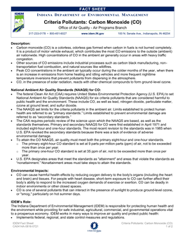 Criteria Pollutants: Carbon Monoxide (CO) Office of Air Quality - Air Programs Branch