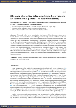 Efficiency of Selective Solar Absorber in High Vacuum Flat Solar Thermal