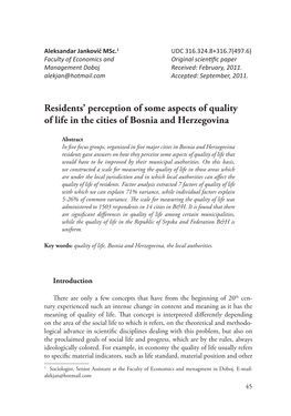 Residents' Perception of Some Aspects of Quality of Life in the Cities Of