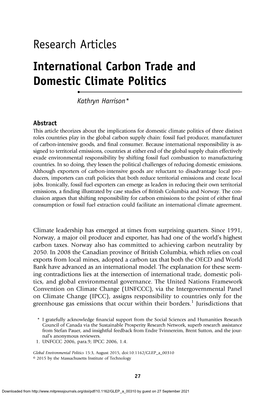 Research Articles International Carbon Trade and Domestic Climate Politics • Kathryn Harrison*