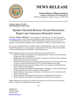 Speaker Mesnard Releases Sexual Harassment Report and Announces Remedial Action