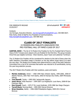 Class of 2017 Finalists 15 Modern-Era Finalists Announced for Pro Football Hall of Fame’S Class of 2017