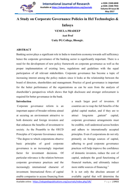 A Study on Corporate Governance Policies in Hcl Technologies & Infosys