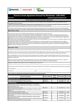 School License Agreement Annual Fee Worksheet - USD APAC MAY 2016 Academic Program Information Link Product Selection & Bundle Calculation Instructions