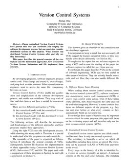 Version Control Systems Stefan Otte Computer Systems and Telematics Institute of Computer Science Freie Universitat¨ Berlin, Germany Otte@Inf.Fu-Berlin.De