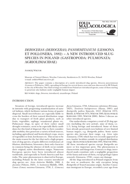 Deroceras) Panormitanum (Lessona Et Pollonera, 1882) – a New Introduced Slug Species in Poland (Gastropoda: Pulmonata: Agriolimacidae