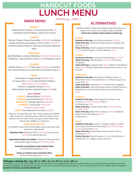 Lunch Menu March 29 - April 2 Main Menu Alternatives