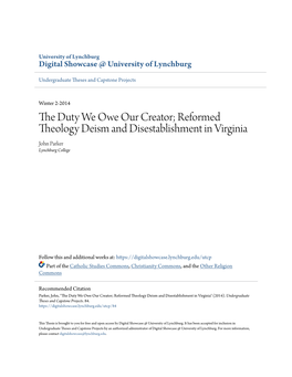 Reformed Theology Deism and Disestablishment in Virginia John Parker Lynchburg College