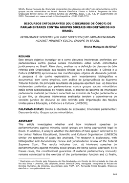 (Ou Discursos De Ódio?) De Parlamentares Contra Grupos Sociais Minoritários No Brasil