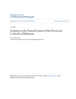 Scripture in the Pastoral Letters of the Provincial Councils of Baltimore Eric Vanden Eykel Graduate Student Marquette University, Eric.Vandeneykel@Marquette.Edu