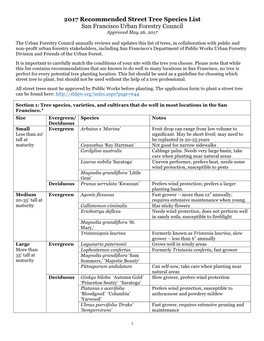 2017 Recommended Street Tree Species List San Francisco Urban Forestry Council Approved May 26, 2017