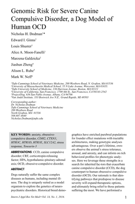 Genomic Risk for Severe Canine Compulsive Disorder, a Dog Model of Human OCD Nicholas H