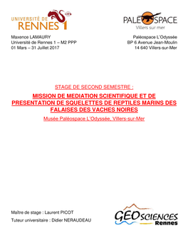 Stage De Second Semestre : Mission De Mediation Scientifique Et De Presentation De Squelettes De Reptiles Marins Des Falaises Des Vaches Noires