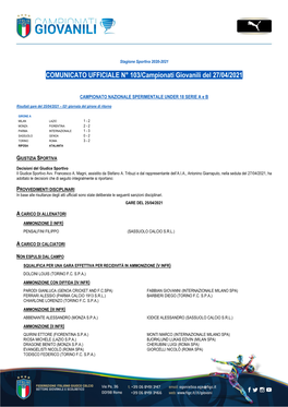 COMUNICATO UFFICIALE N° 103/Campionati Giovanili Del 27/04/2021