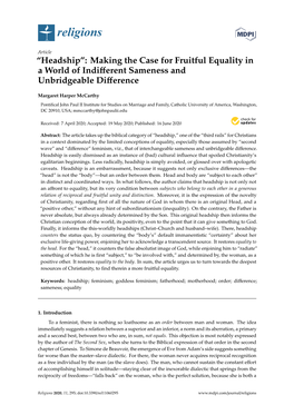 “Headship”: Making the Case for Fruitful Equality in a World of Indiﬀerent Sameness and Unbridgeable Diﬀerence